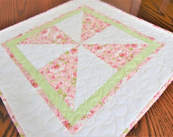 Quilted Pink and Green Table Topper, Quilted Table Runner, Shabby Chic Pink, Handmade Table Runner,  Pinwheel Table Topper