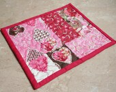 Quilted Mug Rug, Valentine Pink Red White, Moda, Mug Rug, Snack Mat, Candle Mat, Gift, Office Desk Decor, Free Shipping USA