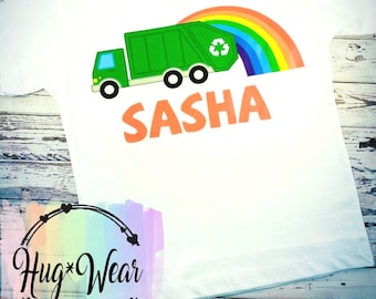 Camiseta de cumpleaños personalizada con diseño de camión de basura arcoíris