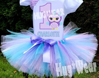 Owl Birthday Tutu Outfit, Owl Birthday shirt, Lavender Aqua Owl party, 1st Birthday Party (any age)