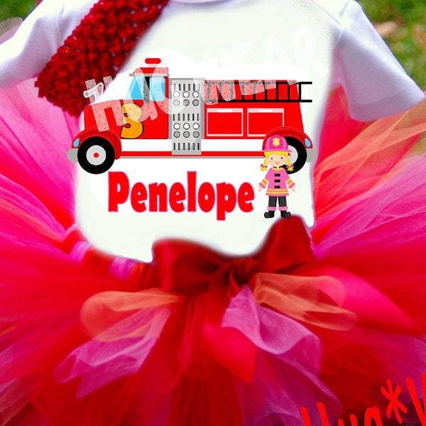 Red and Hot Pink Fire Truck Firefighter Birthday Tutu Outfit, little blonde girl Birthday Shirt + Tutu Outfit (any age)
