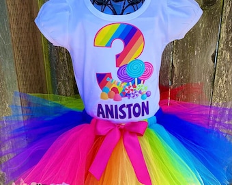 Rainbow Candy Birthday Outfit: Personalized Shirt & Hand-Tied Tutu