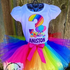 Rainbow Candy Birthday Outfit: Personalized Shirt & Hand-Tied Tutu