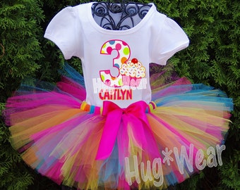 Cupcake Birthday Tutu Outfit, Baby Girl 3rd Birthday Outfit,  Hot pink, lime, turquoise, yellow & orange  (any age)