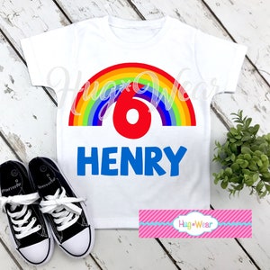 Boy&#39;s Rainbow Birthday Shirt with Name and Age, Personalized Bday Rainbow Shirt, Rainbow Birthday Party, Boys love Rainbows Too, Rainbow Tee