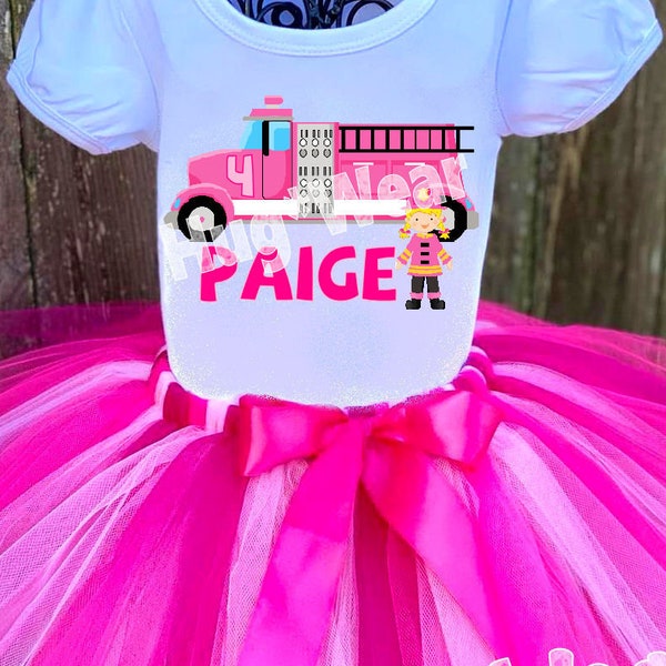 Pink Fire Truck Firefighter Birthday Tutu Outfit, Little Blonde girl Birthday Shirt + Tutu Outfit (any age)