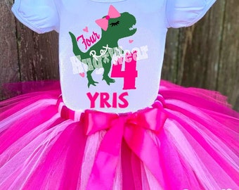 Traje de cumpleaños de T-Rex para niñas: Conjunto de tutú de dinosaurio personalizado