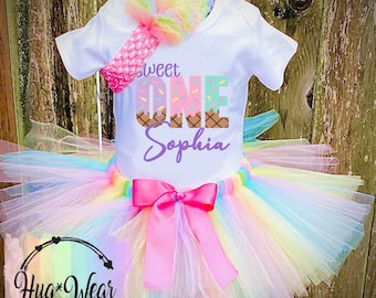 Personalized Ice Cream Birthday Tutu Outfit: Pastel Rainbow Tutu, "Sweet One" Shirt