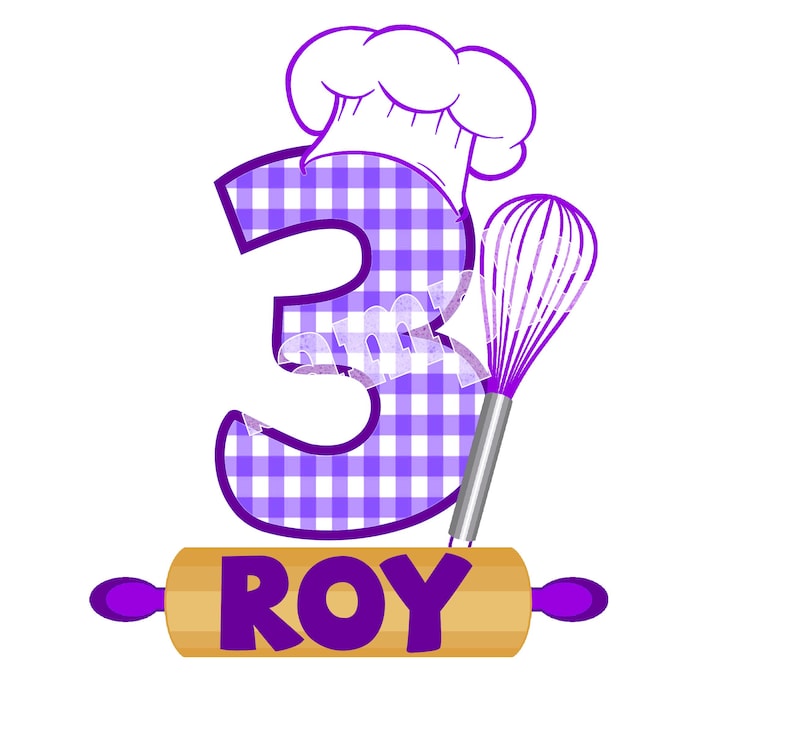 Op de afbeelding: Paarse nummer drie met een wit en paars geruit patroon, een witte koksmuts, een zilveren garde en een bruine deegroller met het woord "ROY" in paarse letters.