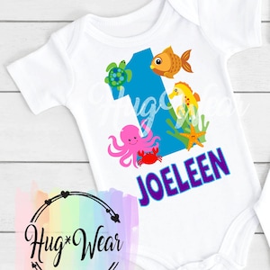 Sea Creatures Birthday Shirt, Fish Octopus Crab Starfish Turtle Sea Horse, Personalized Birthday Shirt, Under the sea Party, Beach, Ocean