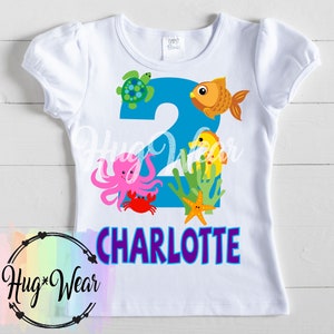 Sea Creatures Birthday Shirt, Fish Octopus Crab Starfish Turtle Sea Horse, Personalized Birthday Shirt, Under the sea Party, Beach, Ocean image 1