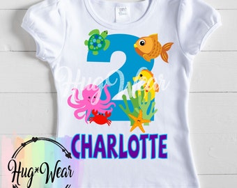 Sea Creatures Birthday Shirt, Fish Octopus Crab Starfish Turtle Sea Horse, Personalized Birthday Shirt, Under the sea Party, Beach, Ocean