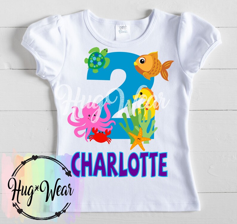 Sea Creatures Birthday Shirt, Fish Octopus Crab Starfish Turtle Sea Horse, Personalized Birthday Shirt, Under the sea Party, Beach, Ocean image 1