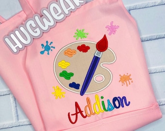 Delantal infantil bordado para arte: Bata personalizada con paleta de pintura, delantal para arte y manualidades, delantales para niño o niña