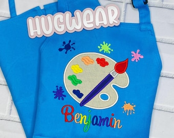 Delantal de arte infantil personalizado: bata bordada con diseño de paleta de pintura