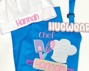 Delantal de repostería infantil personalizado bordado: Delantal de cocina personalizado con nombre y diseño de gorro de chef.