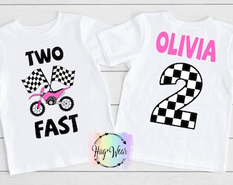 Camiseta de cumpleaños de Two Fast Pink Dirt Bike - Fiesta de carreras personalizada