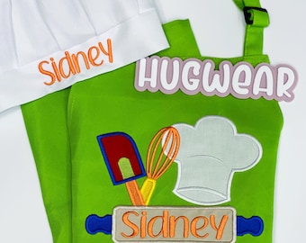 Delantal de repostería infantil personalizado bordado: Delantal de cocina personalizado con nombre y diseño de gorro de chef.