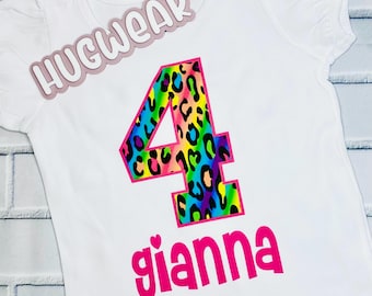 Camiseta de cumpleaños de leopardo arcoíris para niña: tema de fiesta personalizado