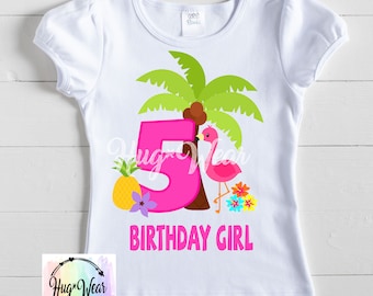 Personalized Hawaiian Birthday Shirt: Girls Luau Flamingo Palm Tree
