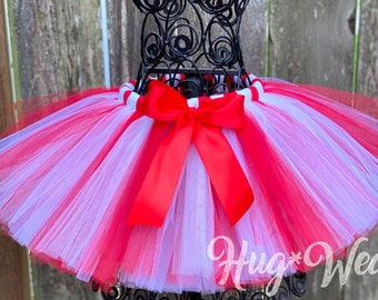 Tutú navideño de bastón de caramelo: tul rojo y blanco con lazo