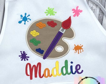 Paint Party Embroidered Kids Apron, Childs Paint Smock, Girls and Boys Art Apron,  Special Artist Gift, Paint Pallet Applique, Art Apron