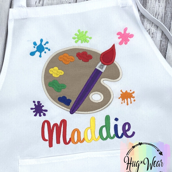 Paint Party Embroidered Kids Apron, Childs Paint Smock, Girls and Boys Art Apron,  Special Artist Gift, Paint Pallet Applique, Art Apron