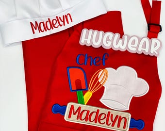 Delantal de repostería infantil personalizado bordado: Delantal de cocina personalizado con nombre y diseño de gorro de chef.