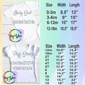 Op de afbeelding: Maattabel voor baby- en peuterkleding. De tabel toont de maat, breedte en lengte van rompers en puffmouw shirts in inches. De maten vari&euml;ren van 0-3 maanden tot 14.