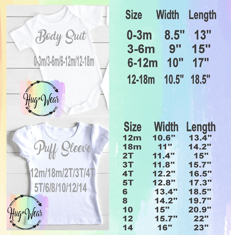 Op de afbeelding: Maattabel voor baby- en peuterkleding. De tabel toont de maat, breedte en lengte van rompers en puffmouw shirts in inches. De maten vari&euml;ren van 0-3 maanden tot 14.
