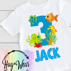 Boys Sea Creatures Birthday Shirt, Fish Octopus Crab Starfish Turtle Sea Horse, Personalized Shirt, Under the sea Party, Aquarium tee shirt