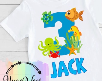 Camiseta de cumpleaños de criaturas marinas para niño: camiseta personalizada para fiesta de acuario