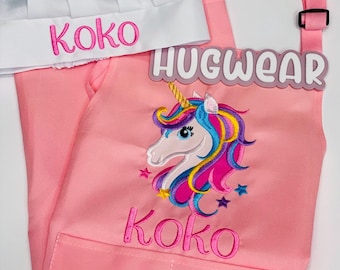 Embroidered Custom Kids Unicorn Apron: Personalized Cooking- Craft Apron - Personalized Gift with Name and Chef Hat option
