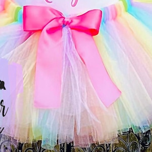 May include: A rainbow tulle tutu with a pink satin bow. The tutu is made of multiple layers of tulle and has a rainbow ombre effect. The bow is tied in the center of the tutu and is a bright pink color.