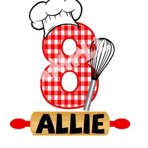 Op de afbeelding: Rood-wit geblokt nummer acht met een witte koksmuts erop. Een zilveren garde en een houten deegroller met de naam "Allie" bevinden zich onder het nummer.
