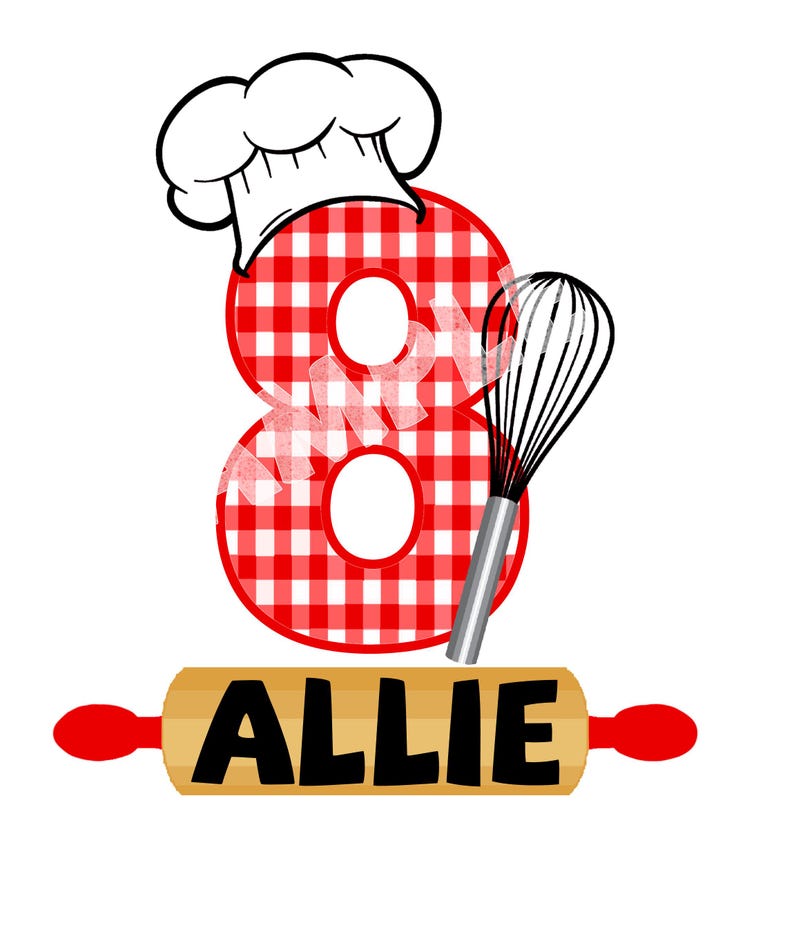 Op de afbeelding: Rood-wit geblokt nummer acht met een witte koksmuts erop. Een zilveren garde en een houten deegroller met de naam "Allie" bevinden zich onder het nummer.