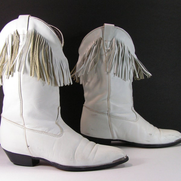 fringe white cowboy boots women's 6.5 M vintage leather cowgirl summer