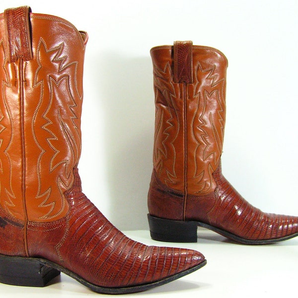 justin cowboy boots womens 5 a brown lizard leather pointy toe vintage western cowgirl