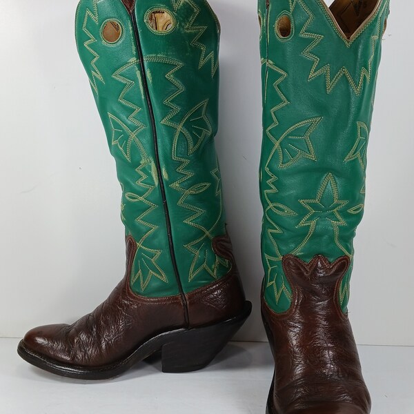 vintage Bowman's Wilson Boot Co. cowboy boots mens 7.5 D green brown leather also fits womens 9.5 M western hand made usa