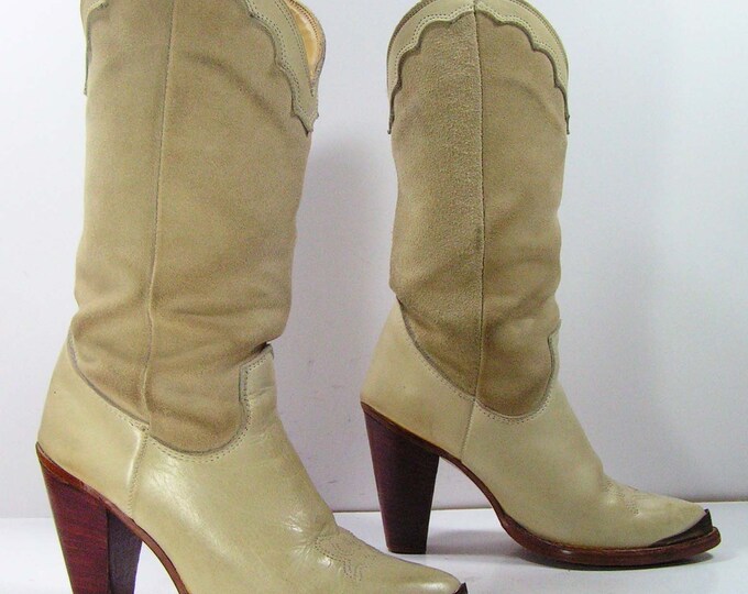 Zodiac Cowboy Boots Womens 5.5 M Bone Leather Suede Western - Etsy