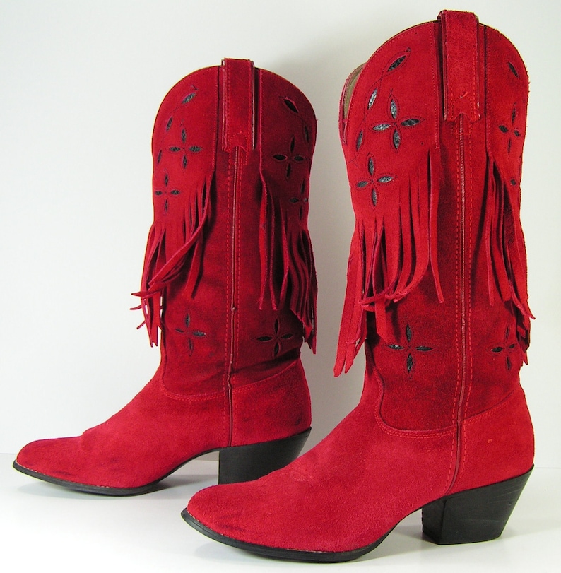 Red cowboy boots womens 8 B tassels suede leather fringe | Etsy