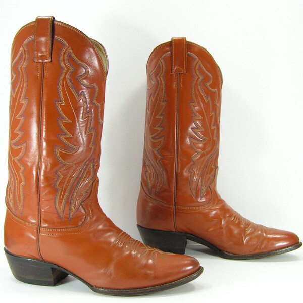 vintage cowboy boots mens 9 EE wide pumpkin brown western leather diamond J