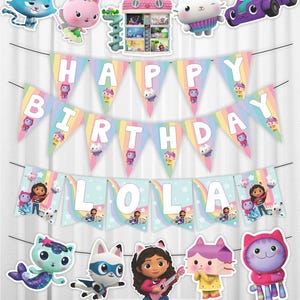 Gabby Dollhouse Happy Birthday Printable banners. Gabby Dollhouse party supplies. Gabby Dollhouse Birthday decoration.