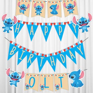 Stitch Happy Birthday Printable banners. Stitch party supplies. Stitch Birthday decoration. Stitch birthday pennat