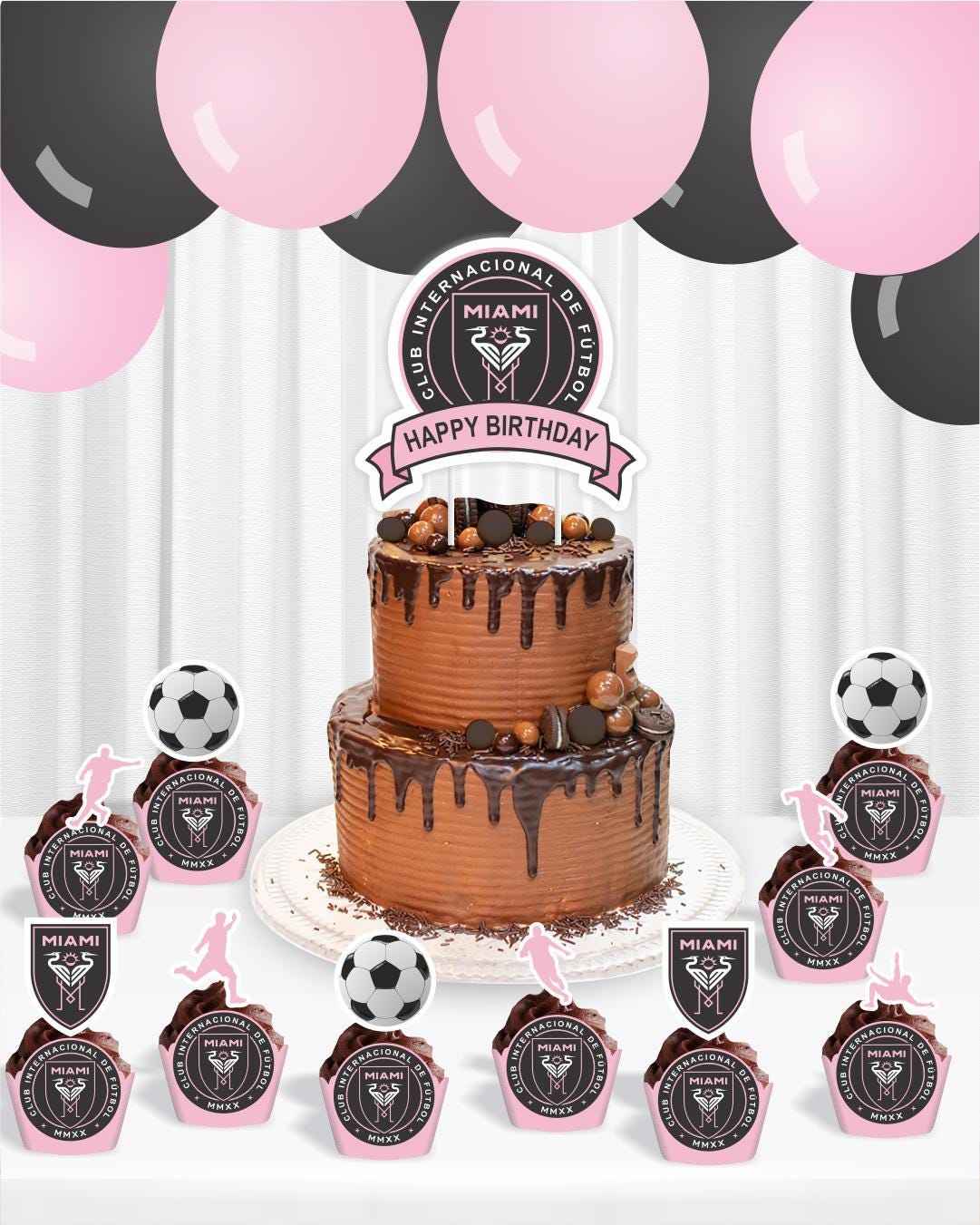 Inter Miami Printable Birthday party decoration. Inter Miami Wrappers and Cake toppers. Messi