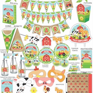 Zenón Farm printable birthday decoration. Bartolito, Percherón, Zenón Farm characters. Birthday invitation, topper, tags.