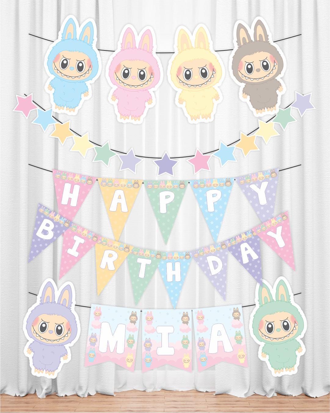 Labubu Happy Birthday Printable banners. Labubu party supplies. Labubu Birthday decoration.