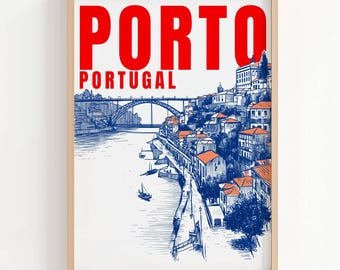 Vintage reisposter Porto | Skyline-kunst Portugal (digitale download)