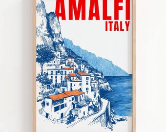 Poster Amalfikust – vintage reiskunstprint – wanddecoratie Campania, Italië – digitale download