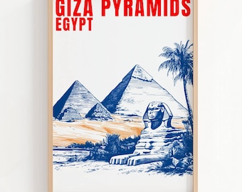 Poster piramiden van Gizeh – vintage reiskunstprint – muurdecoratie Gizeh, Egypte – digitale download